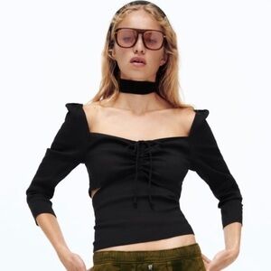Zara Linen Blend Cut Out Top Black Puff Shoulders Cropped Small